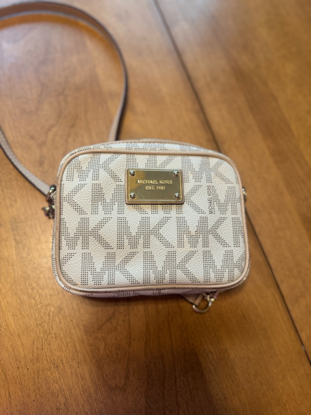 Michael Kors Embossed MK Logo Crossbody in Cream and Tan - Picture 9 of 14